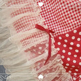 KYLETHOMASW  -  Vintage Kawaii Lolita Mori Girl Style Red Plaid Bow Maxi Skirt Summer Cute Polka Dot Black Stripe A-Line Long Skirts for Women