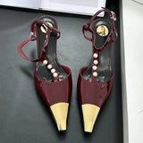 Kylethomasw Metal Pointed Toe Stiletto Sandal Women Luxury Pearls Strap Buckle Designer High Heels Party Prom Shoes Summer Women Pumps
