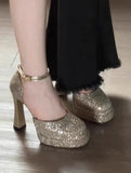 KYLETHOMASW  -  Gradient Bling Color Women Pumps Chunky Round Fashion Platform Shallow Bling Belt Buckle Shoes Spring Sequin High Heels