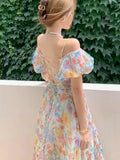 KYLETHOMASW  -  Women's French Puff Sleeves Floral Long Dress Summer Korean Fashion Cool and Breathable Bare Shoulder Vestidos Robe