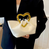 KYLETHOMASW  -  French Retro Oil Wax Pu Handbag Women Heart Shaped Golden Metal Handle Soft Ruched Large Tote Bag Versatile Daily Shoulder Bag