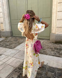 KYLETHOMASW  -  French Elegant Floral Print Short Dress Women Holiday Sleeved Fashion Ladies Midi Dress