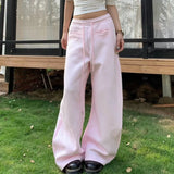 KYLETHOMASW  -  Vintage Streetwear Loose Sport Long Trousers Women Versatile Casual Elastic Waist Drawstring Wide Leg Pink Pants 086B