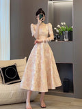 KYLETHOMASW  -  New Bubble Sleeve Pink Floral Waist Cinching 2025 Summer Women Printing Gentle French Slimming Temperament Long Dresses