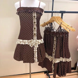 KYLETHOMASW  -  Korean Fashion Vintage Brown Polka Dot Bow Mini Dress Women Summer Japanese Mori Girl Style Kawaii Y2K Slim-Fit Strapless Dress