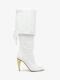 KYLETHOMASW  -  Women White Fold‑Over Knee High Boots Pointed Toe Curved Heel Back Lace‑Up Tie Design Western Style Elegant Fashion Boots