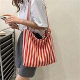 Kylethomasw Large Capacity Shopping Canvas Bag Ins Korean Handbag Women Shoulder Bags Portable Underarm Simple Striped Totes Female