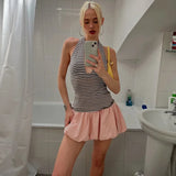 KYLETHOMASW  -  New Women V-Neck Stripe Print Simple Summer Backless Halter Tank Tops Fashion Wild Basic Stretch Streetwear Y2K Chic Vest
