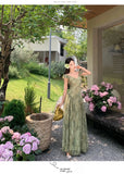 KYLETHOMASW  -  Elegnat Evening Party Wedding Birthday Dress for Women Summer V Neck Short Sleeve Print Floral Chiffon French Beach Long Dress