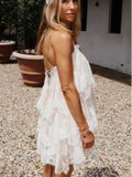 KYLETHOMASW  -  Women's Chic White Lace Trim Slip Mini Dress Off Shoulder Backless Vestido Casual Boho Ruffle Spaghetti Strap Summer Beach Dress