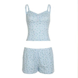 KYLETHOMASW  -  2 Piece Pajama Set Sleeveless Lace Trim Cami Top Summer Women Floral Shorts Sleepwear Sets Korean Chic Slim Fit Pyjama Home Suit