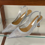 KYLETHOMASW  -  Fashion Stiletto Heeled Sandals Shining Rhinestone Slingback Pumps Mesh Pointed Toe High Heels Elegant Party Ladies Shoe