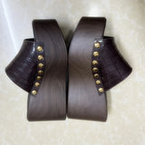 KYLETHOMASW  -  Brown Crocodile Print Platform Wedge Slippers Woman Summer Open Toe Gold Studs High Heel Sandals Outer Beach Shoes