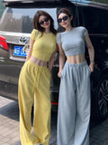 KYLETHOMASW  -  Sweet Hot Girl Casual Suit Women's Summer Slim Fit O-neck Short-sleeved T-shirt Wide Leg Long Pants Two-piece Set Female Clothes