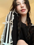 KYLTHOMASW  -  Sporty Chic Striped Oversized T-shirt with Bow Black Long Sleeve Tee Shirt Women Korean Fashion Kpop Lace Patchwork Tops