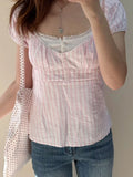 KYLETHOMASW  -  Pink Striped T-Shirt Shorts Set Women Buttons Lace-up Puff Sleeve Top+Ruffles Drawstring Short Pants Cotton Pajama 2 Piece Sets