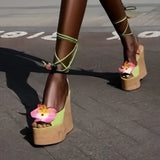 KYLETHOMASW  -  European and American Women's Summer New Niche Design Cross Tie Slope and Roman Fashion Plus Thick Soled Floral Sandals