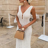 KYLETHOMASW  -  Solid Color Hollow Knitted Beach Vacation Dress Elegant Sleeveless Skinny Cover-up Dress Women Sexy Perspective Swimwear Dress