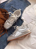 KYLETHOMASW  -  Women Sneakers Spring Summer New Leather Sweet Fashion Casual Flats Women Lace-up German Training Shoes Women Silver 321