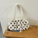 KYLETHOMASW  -  Polka Dot Canvas Tote Bag Pleated Drawstring Design Large Capacity Women Shoulder Bag Casual Daily Shopping Travel Handbag