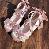 KYLETHOMASW  -  Japanese Sweets Style Lolita Shoes Women Kawaii Lace Bow Bandage Round Head Middle Heel Single Shoes Y2k Mary Jane Party Shoes
