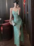 KYLETHOMASW  -   Women's Sexy Green Evening Dresses Slim Backless V-Neck Split Gown Long Dress Fashion Robe Birthday Party Vestidos Spring Autumn