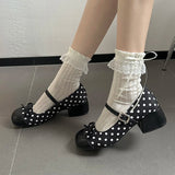KYLETHOMASW  -  Cute Polka Dot Thick Heel Women Mary Jane Shoes Designer Buckle Strap Pumps Ladies Eelgant Butterfly-knot Dress Single Shoes