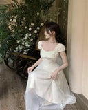 KYLETHOMASW  -  Women Vintage Sweet Mesh Patchwork Elegant Party Dresses Summer Solid Square Collar Short Sleeve Slim Fairy Midi Dress Vestidos