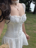 KYLETHOMASW  -  Spicy Girls White Summer Square Neck Tie Front Corset Waist Eyelet Ruffle Hem Mini Dress Women Girls Vacation Party Daily Wear