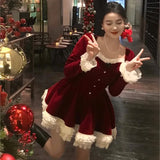 KYLETHOMASW  -  Elegant Velvet Lace Ruffles Patchwork Short Dresses for Women Long Sleeve A-line Korean Fashion Christmas Birthday Party Dress