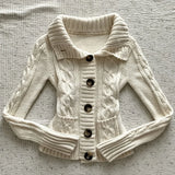 KYLETHOMASW  -  Women Y2K Vintage Cream White Cable Knit Cardigan Lapel Collar Button‑Down Long‑Sleeve Cropped Knitted Sweater With Pockets