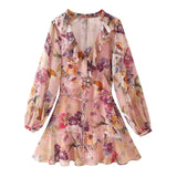 KYLETHOMASW  -  Ruffles V neck Floral Print Chiffon Full Sleeve Dress Woman Ball Tassel Lacing up Bow Waist Mini Summer Dresses Femme Robe