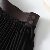 KYLETHOMASW  -  Fashion Office Ladies French Minimalist Leather Waist And Pleated Skirt Women A-line Midi Skirts Womens