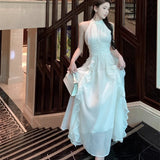 KYLETHOMASW  -  White Long Dresses Ruffles Solid Halter Sleeveless Spring Summer Sweet Vestidos Korean Fasion Elegant Women Dress
