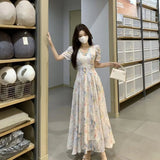 KYLETHOMASW  -  French Sweet Floral Dress High Waist Slimming Summer Vacation Long Dress
