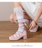 KYLETHOMASW  -  New Women's Coarse Heels Pink Cross Tie High Heels girl Ballet Shoes Elegant Silk Lolita Single Shoes