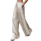 KYLETHOMASW  -  Women Satin Silk Lace Trim Pants Y2k High Street Elastic Waist Wide Leg Pj Lounge Boxer Bottoms Trendy Causal Trousers
