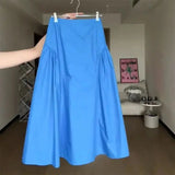 KYLETHOMASW  -  Elegant Party A-Line Skirt for Women Summer Blue High Waist Flared Skirt French Big Swing Pleats Midi Skirt Mujer Faldas 572A
