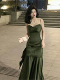 Kylethomasw French High-end Design Sling Backless Waist Slim-fit Bag Hip Pleated Bow Fishtail Long Dress Banquet Evening Dress