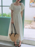 KYLETHOMASW  -   2024 Summer New Polka Dots Maxi Dress Women Daily 2024 Sweet Short Puff Sleeve Chic Office Lady Gentle Vacation