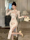 KYLETHOMASW  -  Vintage Dresses Women Floral Printed Stand Collar Long Sleeve Hollow Out Slim Split Elegant Dress Ladies Stylish