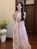 KYLETHOMASW  -  Chiffon Pink V-Neck Floral Dress Holiday Style Beautiful Unique Waist Temperament Beach Skirt Floral Dress Female