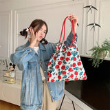 KIylethomasw Korean Style Summer Large Capacity Hand Shoulder Bag Drawstring Shopping Bag Floral Tote Bag Underarm Bag