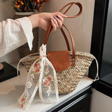 KYLETHOMASW  -  Women Straw Woven Tote Bag Summer Beach Bags Large Capacity Tote Clutch Bags with Ribbon Chic Hobo Bag for Party Vacation