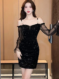 KYLETHOMASW  -  Elegant Sequins Velvet Womens Dresses Korean Off Shoulder Slash Neck Slim Evening Party Mini Dress Female Short Vestidos Clothes