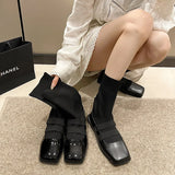 Kylethomasw   - New Stylish Square Toe Knitted Ladies Sock Boots Autumn Winter Platform Women's Boots Black Patent Leather Punk Goth Shoes