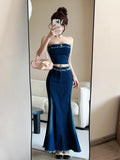 KYLETHOMASW  -  Women Clothes Y2K Casual Outfit Sexy Chest Wrapped Short Tops Shirt Blouse High Waist Fishtail Long Skirt Mujer 2 Pieces Set New