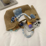 KYLETHOMASW  -  Cute Elephant Shape Straw Tote Bag Hand Woven Beach Bag With Blue Floral Decor Mini Elephant Pendant Handheld Shoulder Bag