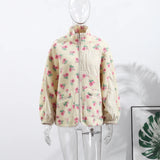 KYLETHOMASW  -  Casual Lamb's Wool Patchwork Women Coat Print 3d Flower Pocket Long Sleeve Zippers Female Jacket 2025 Autumn Winter Lady Outwear