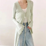 KYLETHOMASW  -  Spring Elegant Green V-Neck Long Knit Cardigan Women's Flared Sleeve Lace-Up Sweater Coat OL Crochet Hollow Out Outerwears 208A